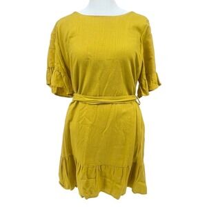 Loveriche Women's Dress Large Yellow Linen Blend Short Sleeve Ruffle Boho Chic